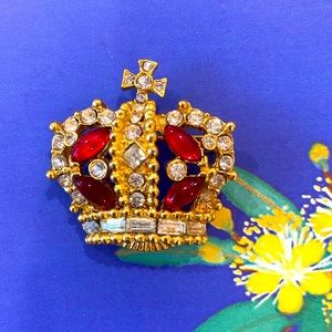 Bellini Vintage Crown Ruby Red & Clear Rhinestone Brooch Pin royal royalty